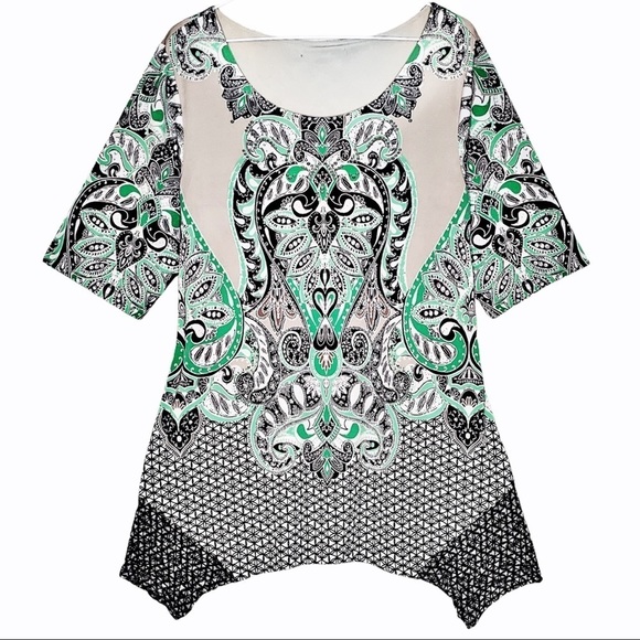 MACY'S STYLE & CO. High low blouse 3/4 sleeves Green Black White Pattern Large - Picture 1 of 6